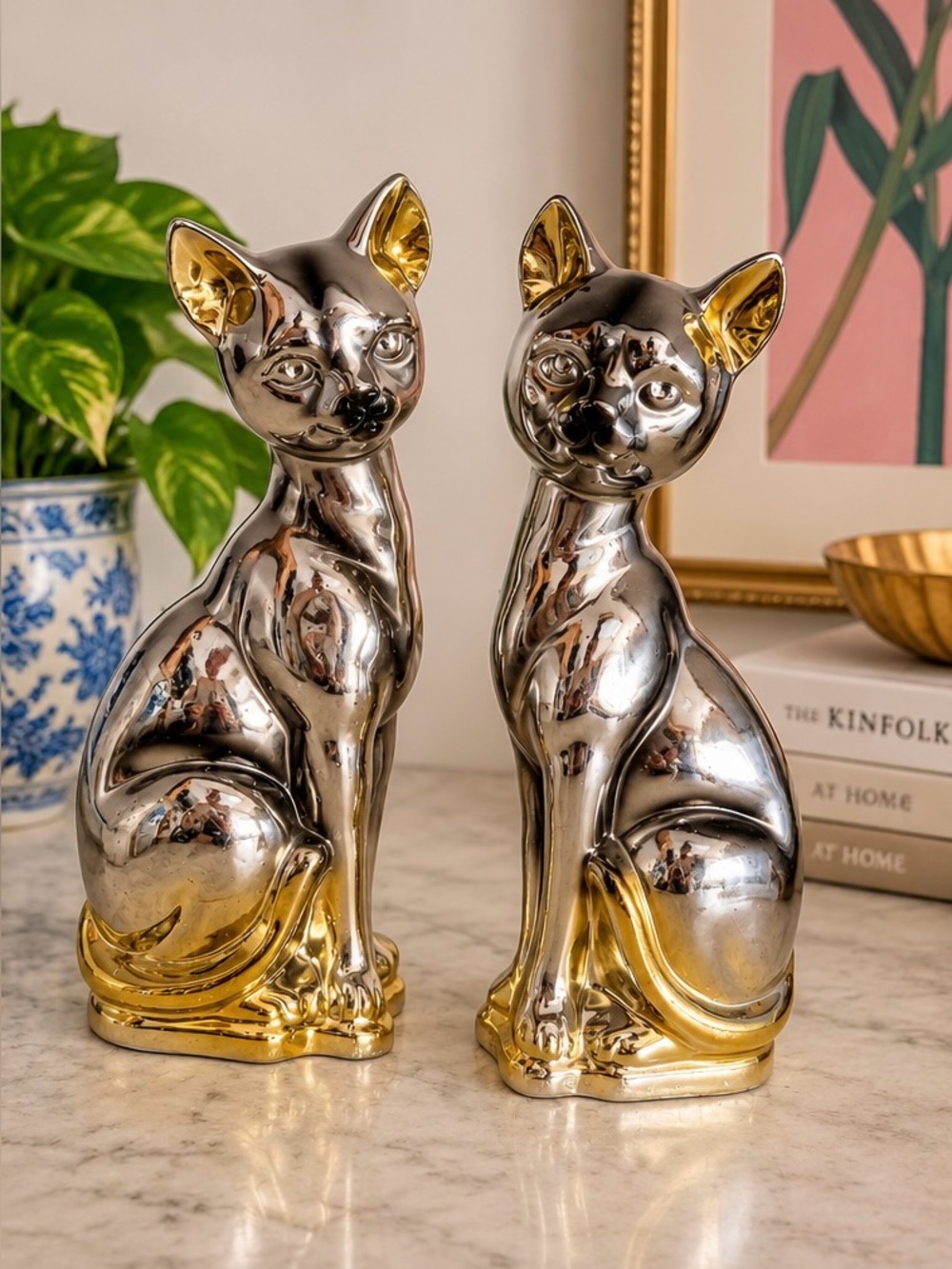 Vintage 1973 Ceramic Siamese Cat Figurines Silver Gold Set of 2 10”
